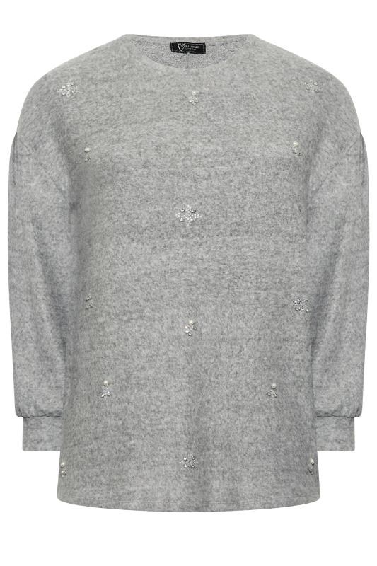YOURS LUXURY Curve Grey Pearl & Stud Embellished Soft Touch Puff Sleeve Top | Yours Clothing 7