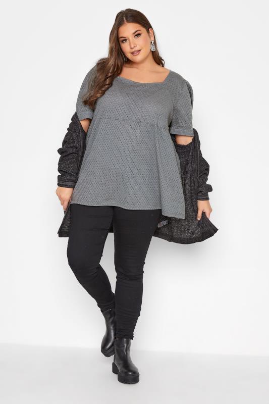 Curve Grey Broderie Anglaise Square Neck Peplum Top 2