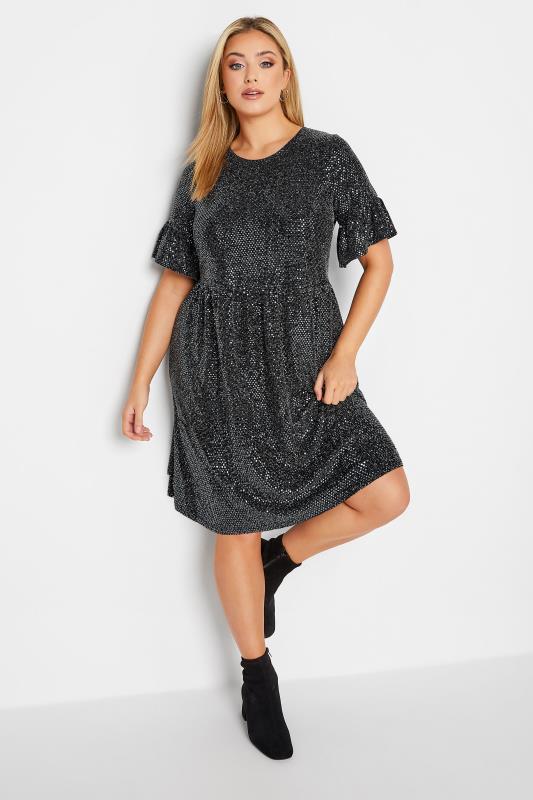 Plus Size Black & Silver Sequin Smock Dress | Yours Clothing 1