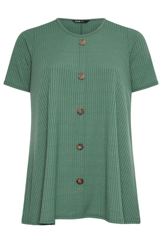 YOURS Plus Size Green Button Front Ribbed T-Shirt | Yours Clothing 5
