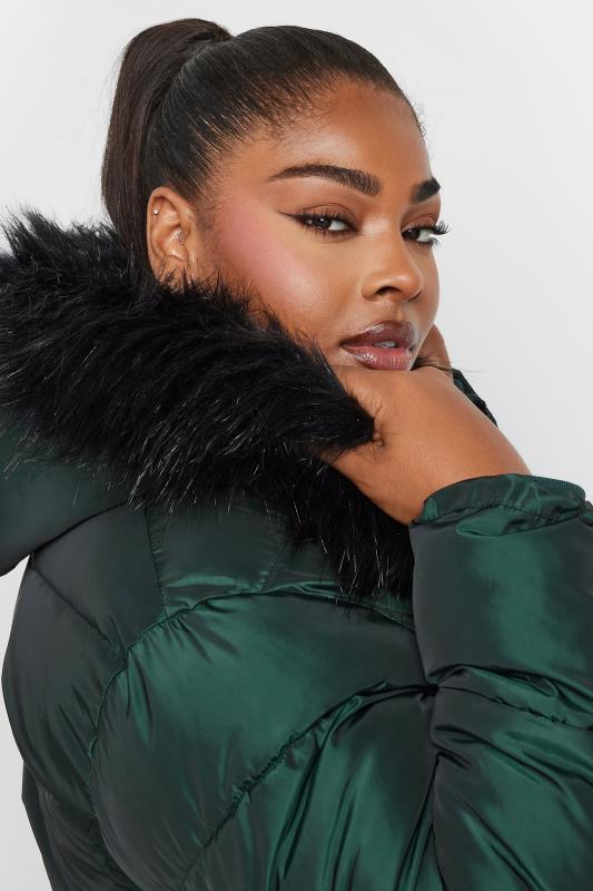 YOURS Plus Size Forest Green Faux Fur Trim Puffer Coat Yours Clothing