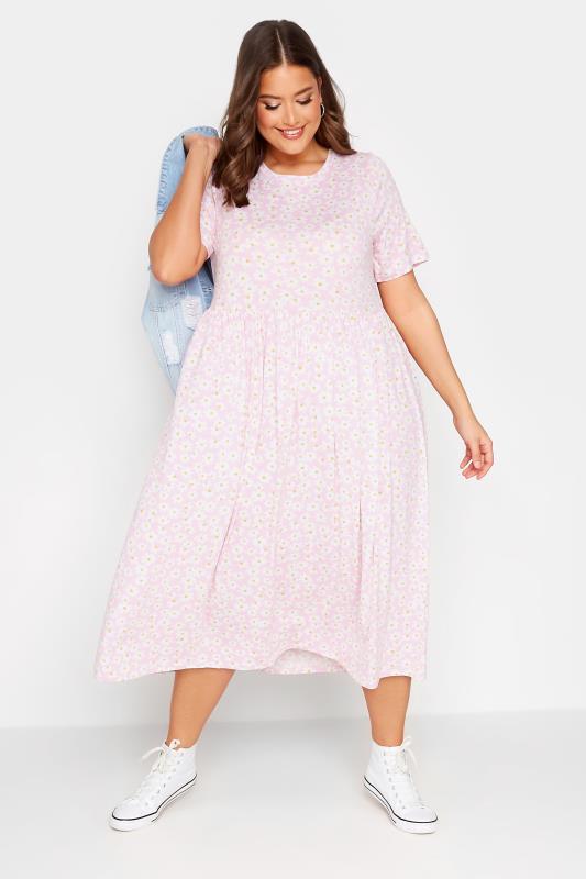 YOURS Curve Plus Size Light Pink Daisy Print Smock Dress 2