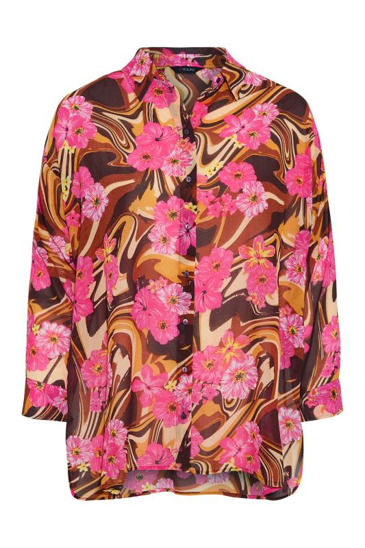 Plus Size Brown Marble Floral Print Sheer Beach Shirt | Yours Clothing 8