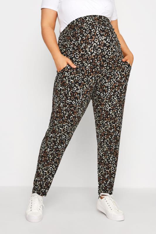 BUMP IT UP MATERNITY Plus Size Black Leopard Print Stretch Harem Trousers | Yours Clothing 1