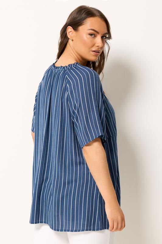 YOURS Plus Size Navy Blue Stripe Notch Neck Embroidered Blouse | Yours Clothing 2