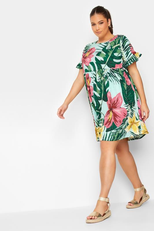 YOURS Curve Green Tropical Floral Print Smock Tunic Dress | Yours Clothing 2