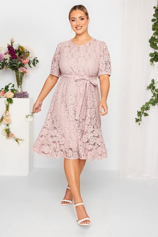 YOURS LONDON Plus Size Curve Light Pink Floral Lace Skater Dress | Yours Clothing  2