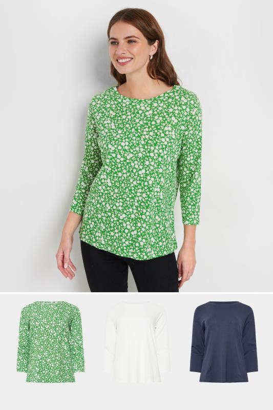 M&Co 3 PACK Green & White Ditsy Floral Cotton Tops | M&Co 1