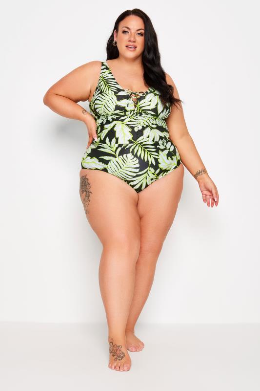 YOURS Plus Size Black Leaf Print Plunge Tummy Control Swimsuit | Yours Clothing 3