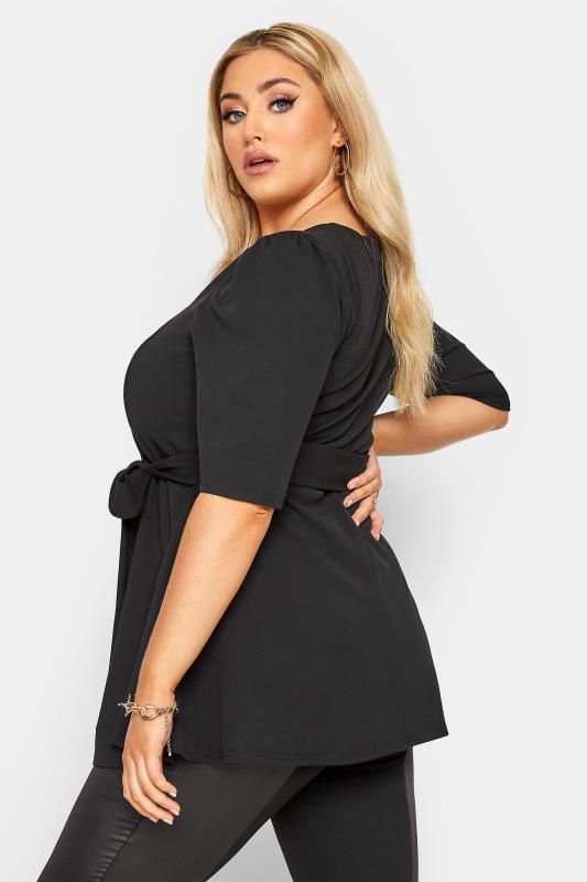 YOURS LONDON Black Notch Neck Belted Peplum Top | Yours Clothing 3