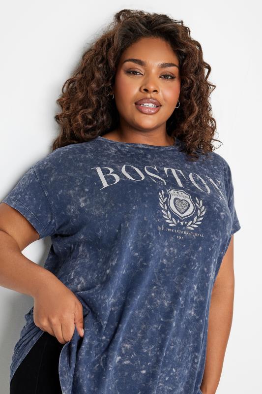 YOURS Plus Size Navy Blue 'Boston' Slogan Acid Wash T-Shirt | Yours Clothing 4