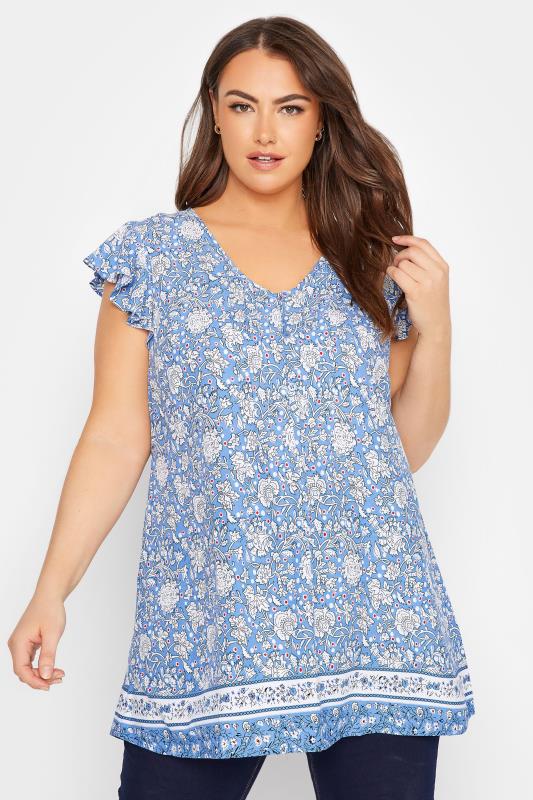  Grande Taille Curve Blue Floral Print Frill Sleeve Blouse