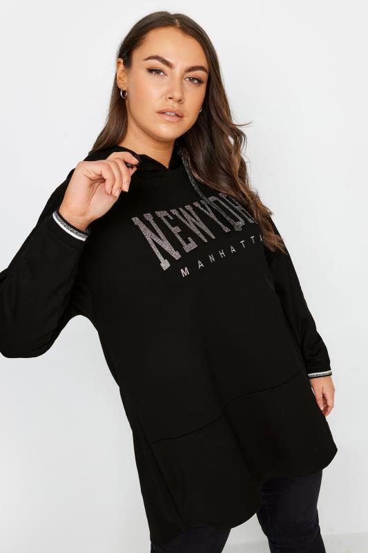 Plus Size  YOURS Curve Black 'New York' Glitter Embellished Hoodie
