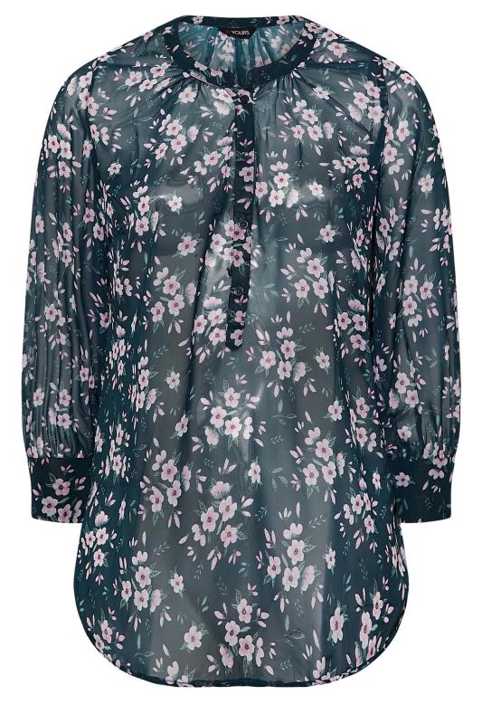 Plus Size Teal Blue Floral Print Balloon Sleeve Shirt | Yours Clothing 6