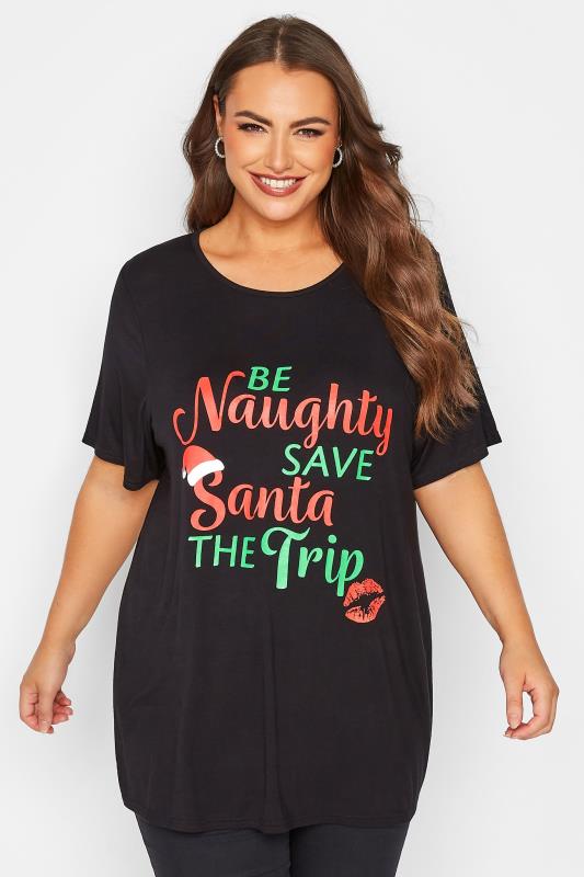 LIMITED COLLECTION Curve Black 'Be Naughty' Slogan Christmas T-Shirt 1