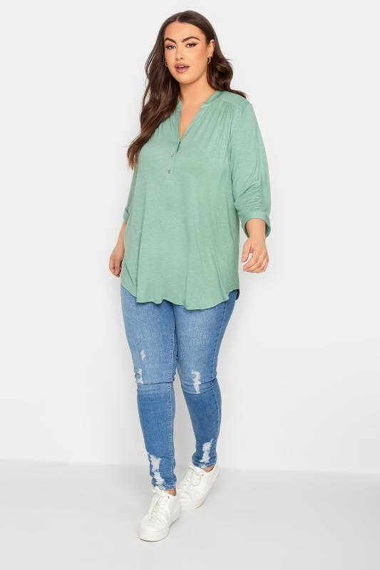 YOURS Plus Size Green Half Placket Blouse | Yours Clothing  2