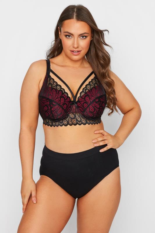 Plus Size Black & Pink Lace Strap Detail Padded Underwired Longline Bra | Yours Clothing 2