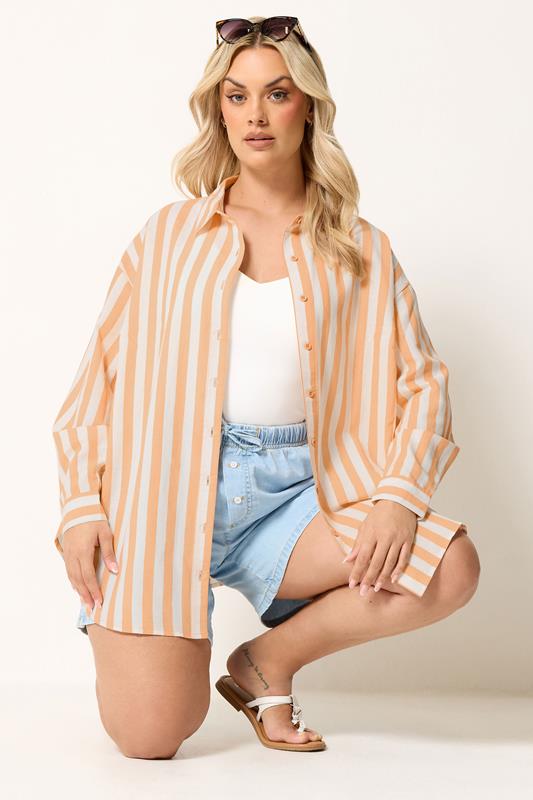  YOURS Curve Orange Stripe Linen Long Sleeve Shirt