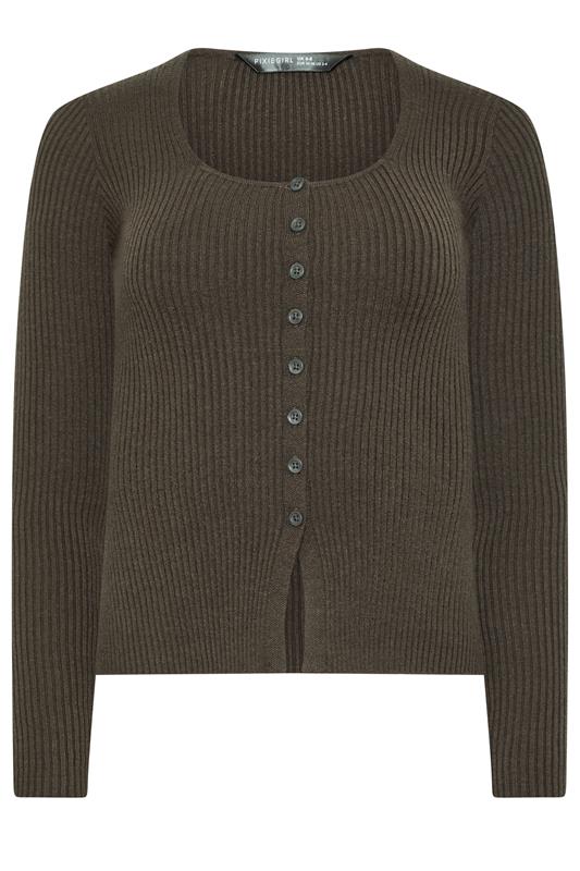 PixieGirl Petite Women's Chocolate Brown Ribbed Button Scoop Neck Jumper | PixieGirl  1
