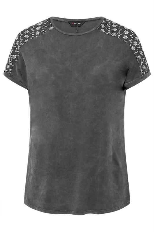 Plus Size Washed Grey Embroidered Shoulder Top | Yours Clothing 6