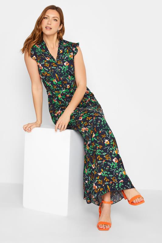LTS Tall Women's Navy Blue Floral Print Frill Sleeve Maxi Dress | Long Tall Sally 1