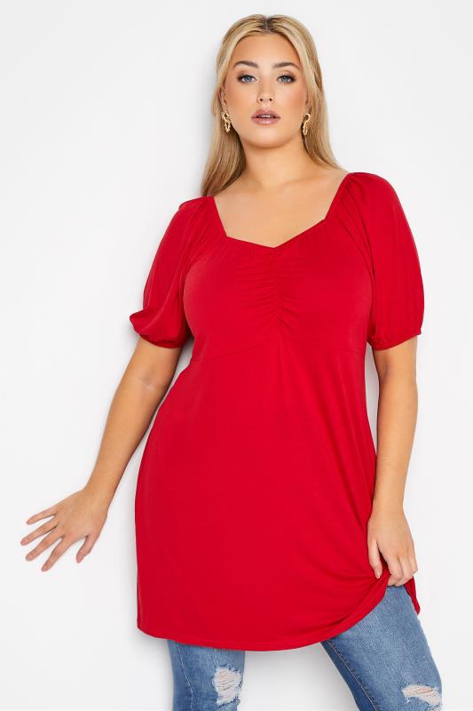 LIMITED COLLECTION Curve Red Puff Sleeve Ruched Top 2