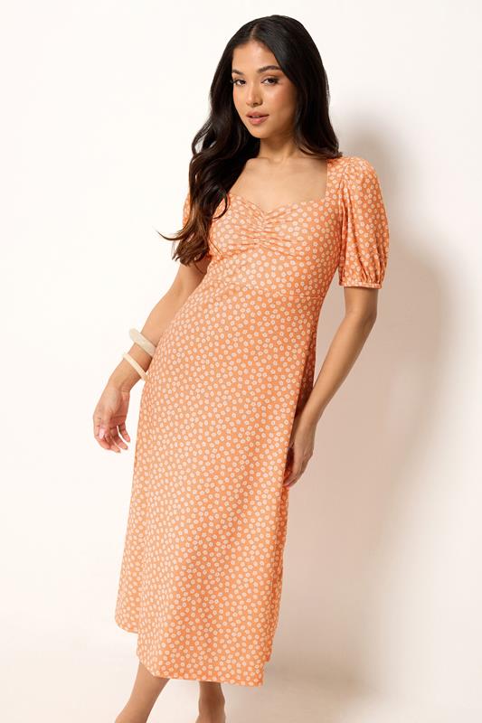  PixieGirl Petite Orange Floral Ruched Midi Dress
