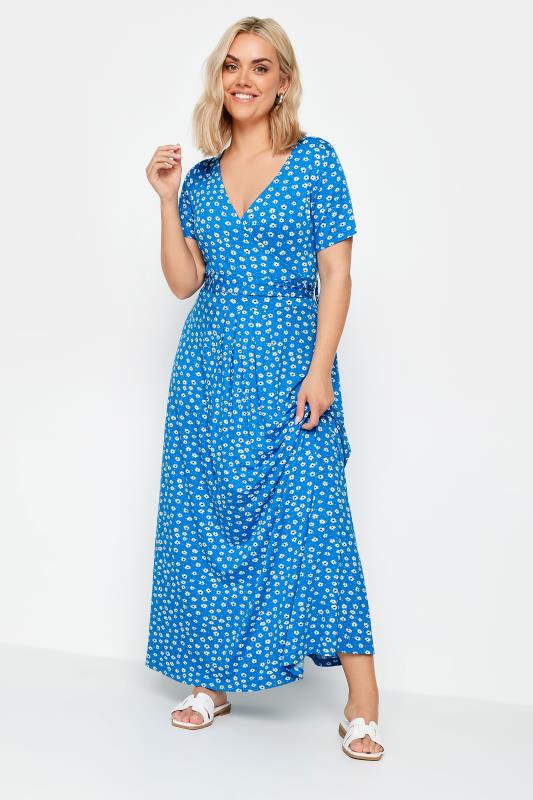 YOURS Plus Size Blue Ditsy Floral Print Maxi Wrap Dress | Yours Clothing 1