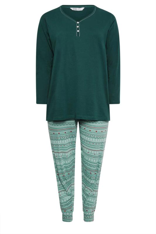 YOURS Plus Size Green Fairisle Print Pyjama Set | Yours Clothing 5