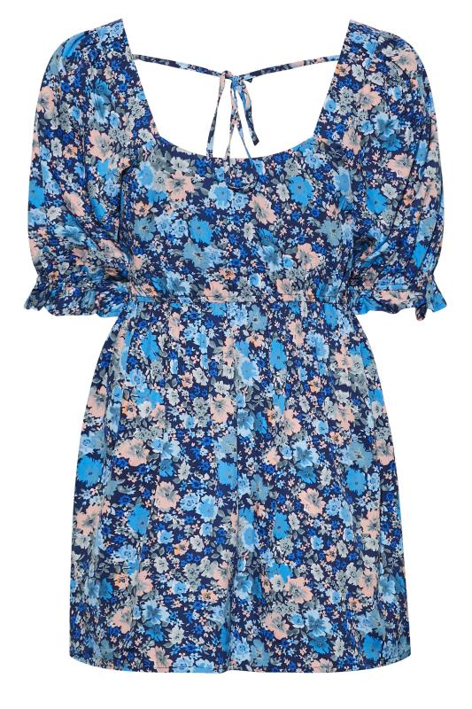 Curve Blue Floral Print Sweetheart Puff Sleeve Top 7