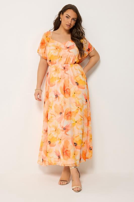 YOURS Plus Size Orange Floral Angel Sleeve Dress | Yours Clothing 2