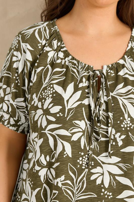 EVANS Plus Size Green Khaki Leaf Print Cotton Top | Evans 4
