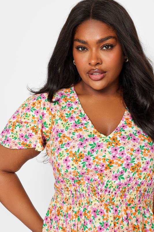 YOURS Plus Size Pink & Orange Ditsy Print Flutter Sleeve Peplum Top | Yours Clothing 4