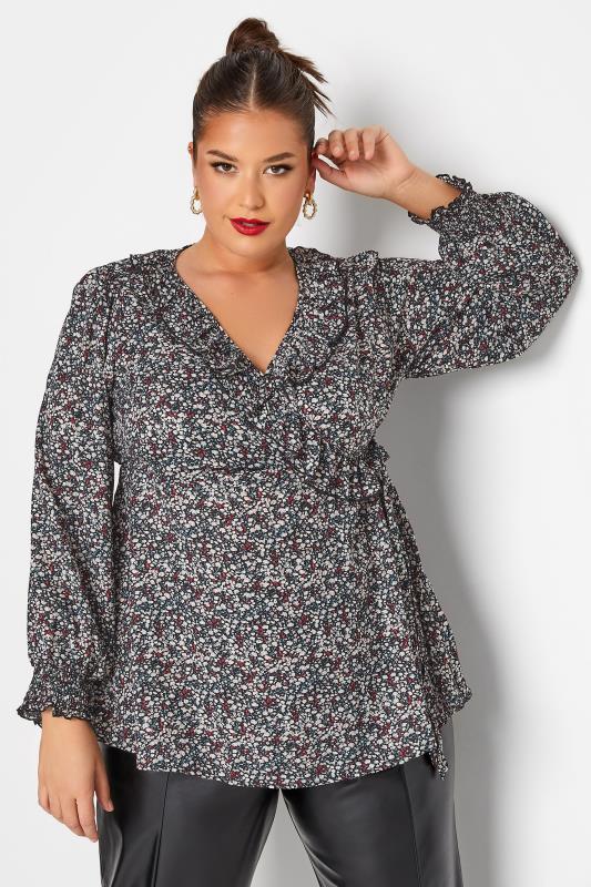Plus Size  LIMITED COLLECTION Curve Black Ditsy Print Frill Wrap Blouse