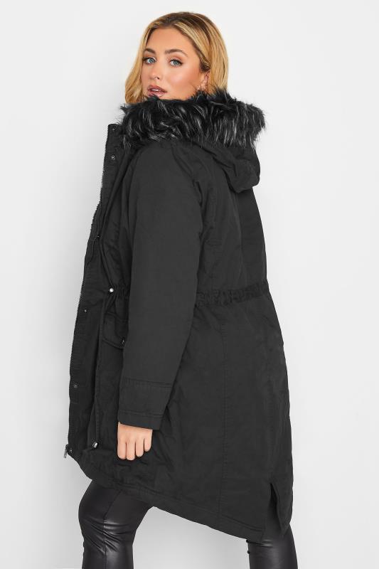 Plus Size Black Faux Fur Lined Hooded Parka | Yours Clothing 3
