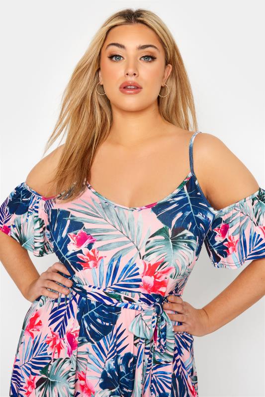 YOURS LONDON Plus Size Pink Tropical Cold Shoulder Dress | Yours Clothing 4