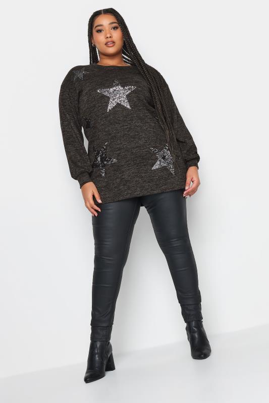YOURS LUXURY Plus Size Black Sequin Star Print Jumper | Yours Clothing 2