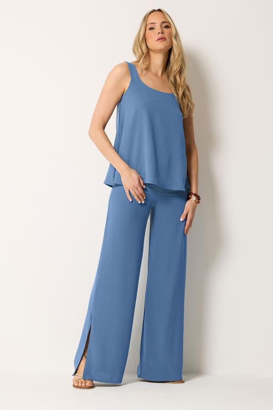 LTS Tall Women's Denim Blue Linen Look Wide Leg Trousers | Long Tall Sally 1