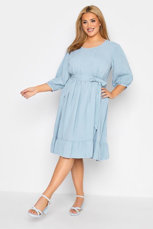 YOURS LONDON Curve Blue Tiered Chambray Dress 2