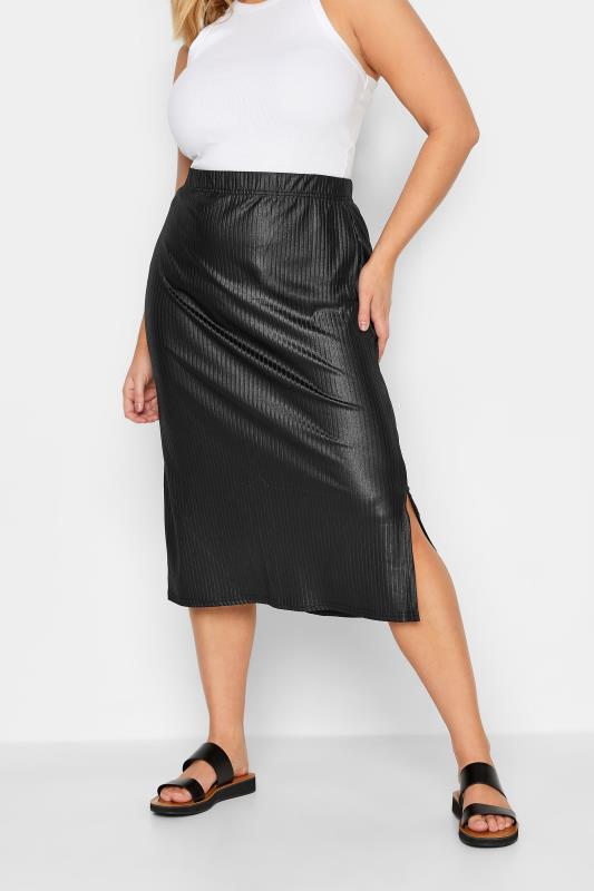 Plus Size Black Wet Look Ribbed Midaxi Skirt | Yours Clothing 1