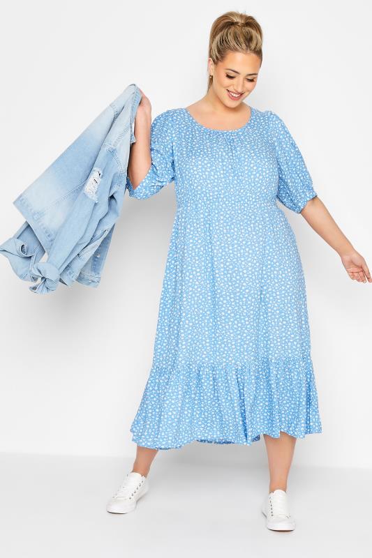 LIMITED COLLECTION Plus Size Blue Ditsy Midaxi Dress | Yours Clothing 1