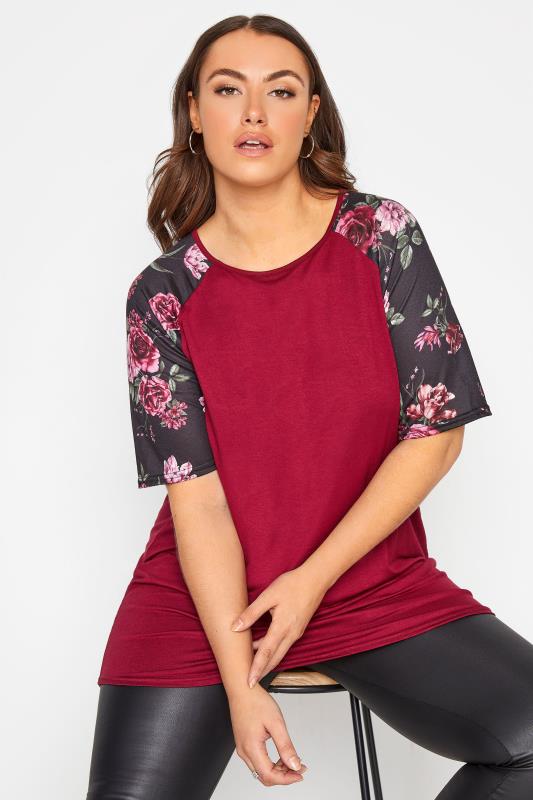 Curve Berry Red Floral Raglan Sleeve T-Shirt 1