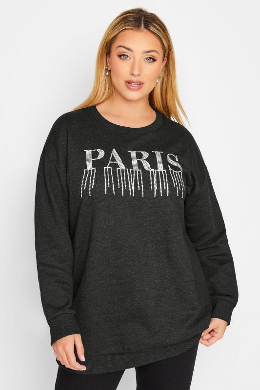 YOURS LUXURY Plus Size Charcoal Grey 'Paris' Diamante Embellished Sweatshirt | Yours Clothing 2