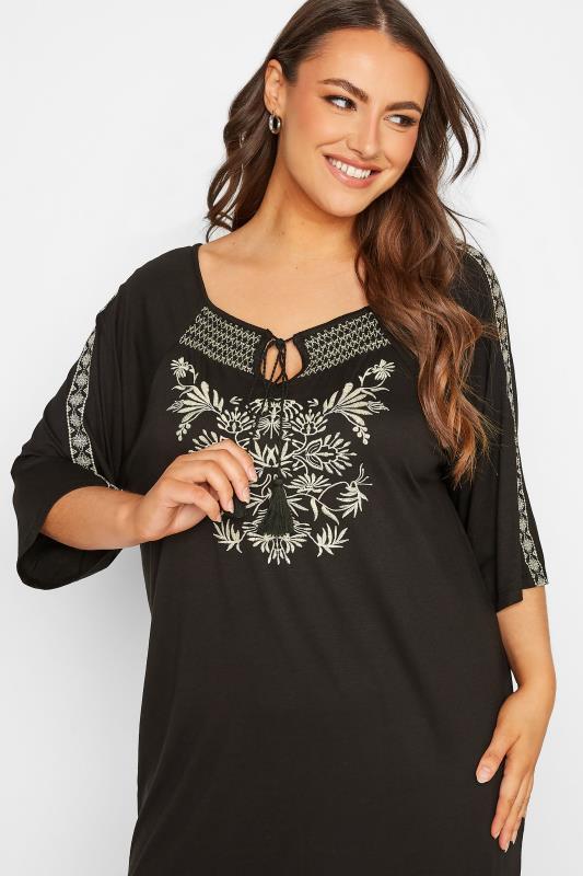 Plus Size Black Embroidered Tie Neck Top | Yours Clothing 3