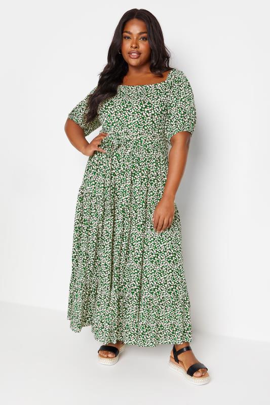 YOURS Plus Size Green Ditsy Floral Tiered Maxi Dress | Yours Clothing 1