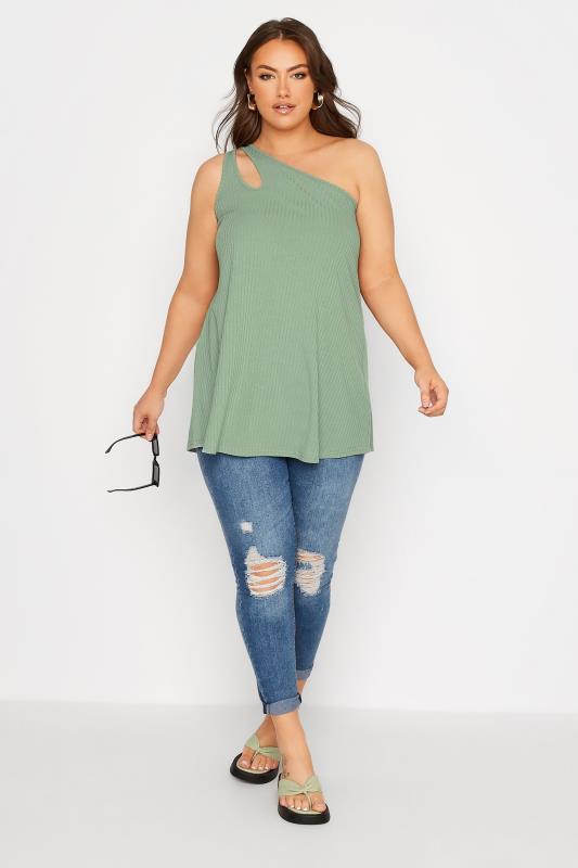 LIMITED COLLECTION Curve Sage Green Split Strap Ribbed Cami Top 2