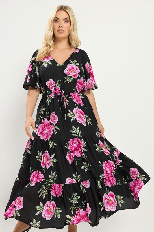  YOURS gestuftes Maxikleid in Schwarz mit Blumenmuster 