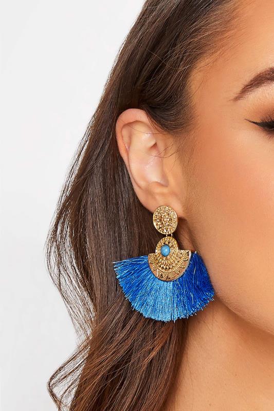 Gold & Blue Fan Tassel Earrings | Yours Clothing  1