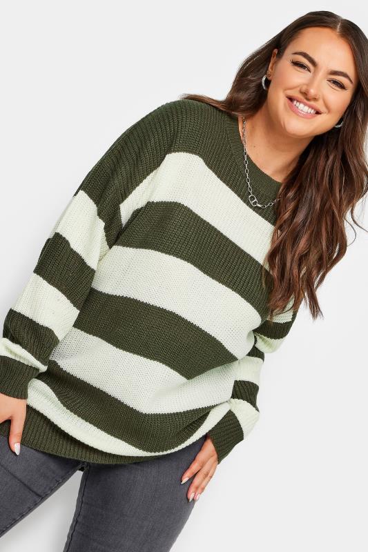 YOURS Plus Size Green Striped Ribbed Knit Jumper | Yours Clothing 1