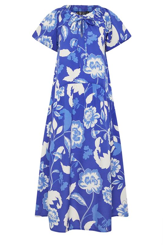 PixieGirl Petite Women's Blue Floral Tie Neck Midi Dress | PixieGirl 6